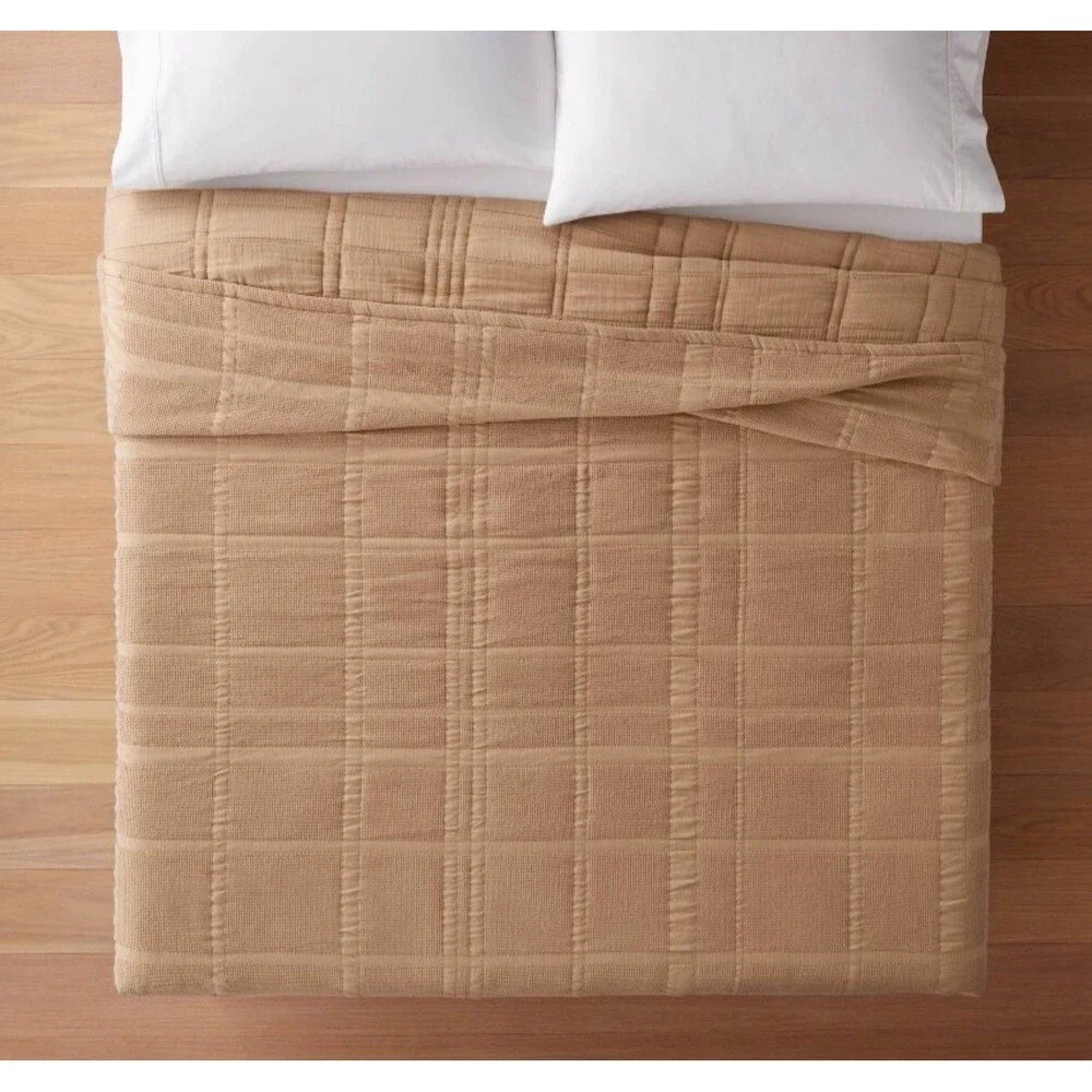 SET King+ Waffle Matelasse Quilt & 2 King Shams Camel Threshold Studio McGee NEW